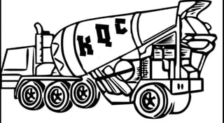 Black and white line drawing of a concrete mixer truck with large rotating drum and multiple wheels